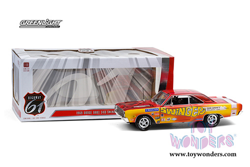 Greenlight Highway 61 - 1969 Dodge Dart 340 - Swinger- Car Craft Project Car (1969, 1/18 scale diecast model car, Pink/Red/Yellow) HWY18024