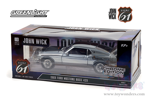 Greenlight Highway 61 - John Wick Ford Mustang BOSS 429  (1969, 1/18 scale diecast model car, Chrome) HWY18031