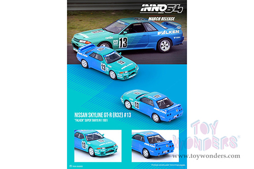 Inno Models - Nissan Skyline GT-R (R32) #13 "Falken Tires" Super Taikyu N1 (1991)(1/64 scale diecast model car, Green/Blue) IN64R32-FAL