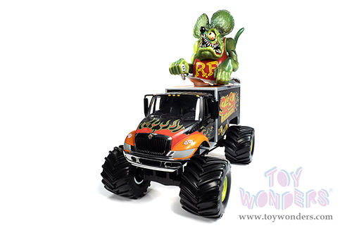 Round 2 Johnny Lightning - International® 4400 Monster Truck "Rat Fink Speed Shop" with Rat Fink Figure (1/64 scale diecast model car, Black/Orange) JL24009/06