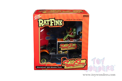 Round 2 Johnny Lightning - International® 4400 Monster Truck "Rat Fink Speed Shop" with Rat Fink Figure (1/64 scale diecast model car, Black/Orange) JL24009/06