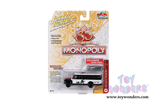 Round 2 Johnny Lightning - Pop Culture Series | Chevrolet&reg; School Bus with Token Monopoly 85th Anniversary (1956, 1/64 scale diecast model car, White/Black/Red) JLSP092/24