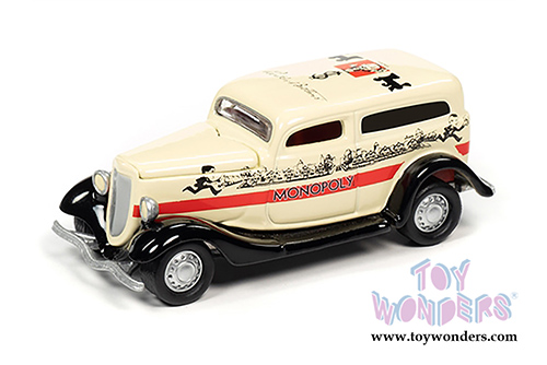 Round 2 Johnny Lightning - Pop Culture Series | Ford Panel Delivery Truck with Token Monopoly 85th Anniversary (1933, 1/64 scale diecast model car, Yellow/Black/Red) JLSP093/24