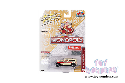Round 2 Johnny Lightning - Pop Culture Series | Ford Panel Delivery Truck with Token Monopoly 85th Anniversary (1933, 1/64 scale diecast model car, Yellow/Black/Red) JLSP093/24