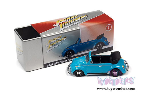 Round 2 Johnny Lightning - Collector Tin | Volkswagen Super Beetle Convertible Top Down (1959, 1/64 scale diecast model car, Miami Blue) JLSP107/24A