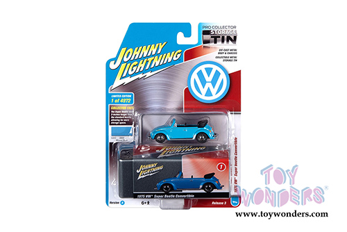 Round 2 Johnny Lightning - Collector Tin | Volkswagen Super Beetle Convertible Top Down (1959, 1/64 scale diecast model car, Miami Blue) JLSP107/24A