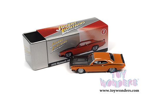 Round 2 Johnny Lightning - Collector Tin | Plymouth AAR Barracuda (1970, 1/64 scale diecast model car, Vitamin C Orange/Black) JLSP108/24A