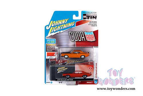Round 2 Johnny Lightning - Collector Tin | Plymouth AAR Barracuda (1970, 1/64 scale diecast model car, Vitamin C Orange/Black) JLSP108/24A