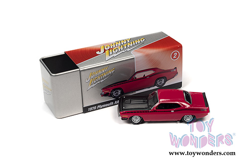 Round 2 Johnny Lightning - Collector Tin | Plymouth AAR Barracuda (1970, 1/64 scale diecast model car, Moulin Rouge Red/Black) JLSP108/24B