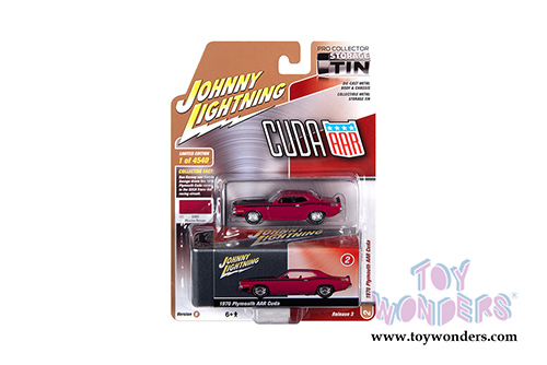 Round 2 Johnny Lightning - Collector Tin | Plymouth AAR Barracuda (1970, 1/64 scale diecast model car, Moulin Rouge Red/Black) JLSP108/24B