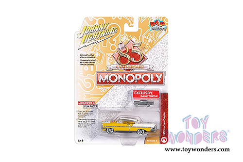 Round 2 Johnny Lightning - Pop Culture Series | Lincoln Premiere with Token Monopoly 85th Anniversary (1957, 1/64 scale diecast model car, Saturn Gold) JLSP124/24