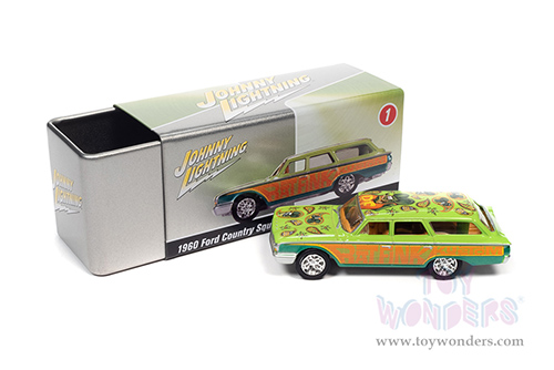 Round 2 Johnny Lightning - Collector Tin | Ford Country Squire (Rat Fink) (1960, 1/64 scale diecast model car, Kustom Green/Orange) JLSP146/24A