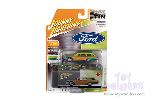Round 2 Johnny Lightning - Collector Tin | Ford Country Squire (Rat Fink) (1960, 1/64 scale diecast model car, Kustom Green/Orange) JLSP146/24A