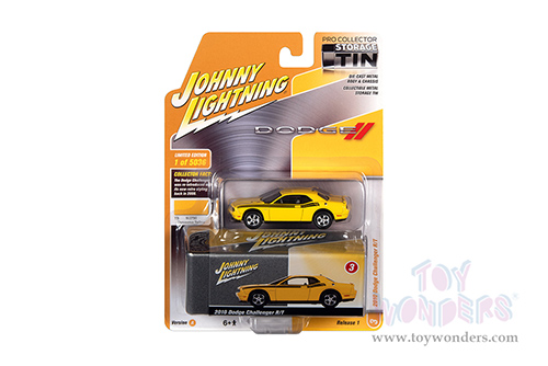 Round 2 Johnny Lightning - Collector Tin | Dodge Challenger Hardtop (2010, 1/64 scale diecast model car, Detonator Yellow) JLSP147/24A