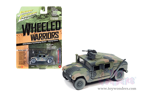 Round 2 Johnny Lightning - Military 2021 Release 1 Set B - M1025 HMMWV Armament Carrier HUMVEE 4-CT Armored Fastback United Nations Peacekeeping Mission - Policing Kosovo - Wheeled Warriors (1/64 scale diecast model car, Battle Worn Camo) JLSP198/24B