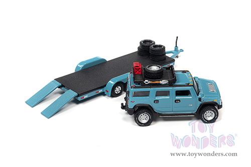 Round 2 Johnny Lightning - Truck and Trailer Release 1 | Hummer&reg; H2 with Open Car Trailer (2004, 1/64 scale diecast model car, Custom Ocean Blue) JLSP202/24B