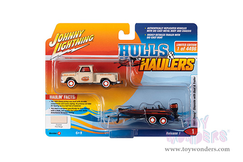 Round 2 Johnny Lightning - Hulls & Haulers Release 1 | Chevrolet&reg; Stepside Pickup truck with Bass Boat & Trailer (1965, 1/64 scale diecast model car, Custom Flat Beige/Orange and Black) JLSP203/24A