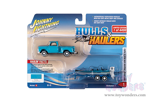 Round 2 Johnny Lightning - Hulls & Haulers Release 1 | Chevrolet&reg; Stepside Pickup truck with Bass Boat & Trailer (1965, 1/64 scale diecast model car, Custom Turquoise Gloss) JLSP203/24B