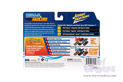 Round 2 Johnny Lightning - Hulls & Haulers Release 1 | International&reg; Scout&reg; II with Malibu Boat & Trailer (1979, 1/64 scale diecast model car, White w/Black Stripes, White & Black) JLSP205/24B