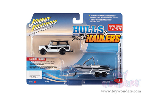 Round 2 Johnny Lightning - Hulls & Haulers Release 1 | International&reg; Scout&reg; II with Malibu Boat & Trailer (1979, 1/64 scale diecast model car, White w/Black Stripes, White & Black) JLSP205/24B