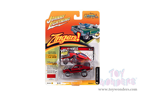 Round 2 Johnny Lightning - Street Freaks 2022 Release 1 Set A | Ford Maverick - Zingers! (1972, 1/64 scale diecast model car, Bright Red w/Black Stripe) JLSP229/24A