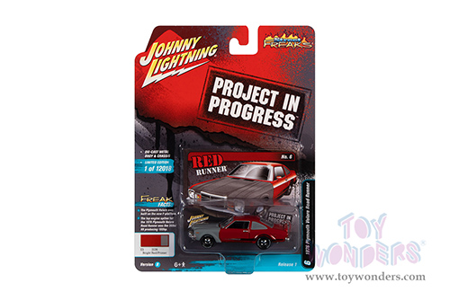 Round 2 Johnny Lightning - Street Freaks 2022 Release 1 Set B | Plymouth Road Runner - Project in Progress (1976, 1/64 scale diecast model car, Bright Red & Primer Gray) JLSP233/24B