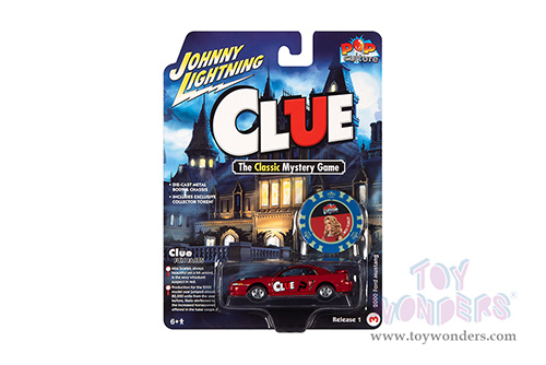 Round 2 Johnny Lightning - Pop Culture Series | Modern Clue Ford Mustang "Miss Scarlet" with Poker Chip (Collector Token) (2000, 1/64 scale diecast model car, Red) JLSP236/24