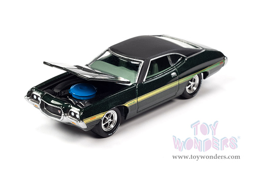 Round 2 Johnny Lightning - Pop Culture Series | Trivial Pursuit Ford Grand Torino Sport with Game Card and Poker Chip (Collector Token) (1972, 1/64 scale diecast model car, Dark Green) JLSP239/24