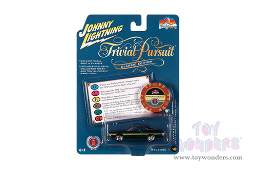 Round 2 Johnny Lightning - Pop Culture Series | Trivial Pursuit Ford Grand Torino Sport with Game Card and Poker Chip (Collector Token) (1972, 1/64 scale diecast model car, Dark Green) JLSP239/24