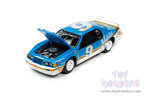 Round 2 Johnny Lightning - Street Freaks | Ford Thunderbird Stock Car #9 "Go-Po-Po-Go!" - 24hrs of LeMons (1986, 1/64 scale diecast model car, Bright Blue w/White & Gold Stripes) JLSP252/24B