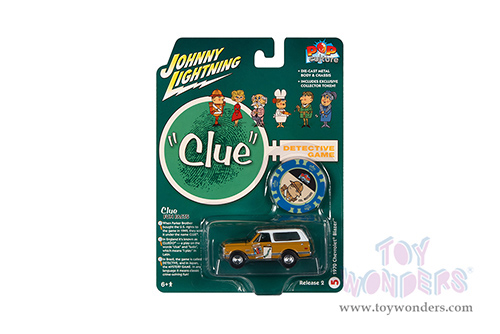 Round 2 Johnny Lightning - Pop Culture Series | Clue Chevrolet&reg; Blazer with Colonel Mustard Poker Chip (Collector Token) (1970, 1/64 scale diecast model car, Yellow/White) JLSP261/24