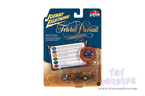 Round 2 Johnny Lightning - Pop Culture Series | Trivial Pursuit Barris Drag-U-La&reg; "The Munsters" with Game Card and Poker Chip (Collector Token) (1/64 scale diecast model car, Gold) JLSP269/24