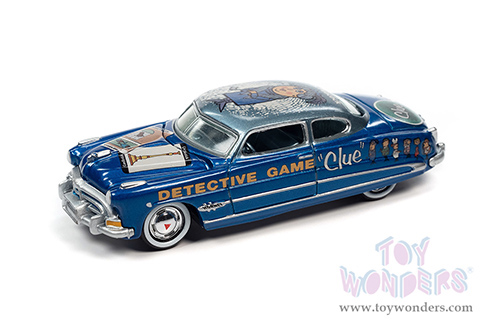 Round 2 Johnny Lightning - Pop Culture Series | Clue Hudson Hornet with Mrs. Peacock Poker Chip (Collector Token) (1951, 1/64 scale diecast model car, Blue) JLSP270/24