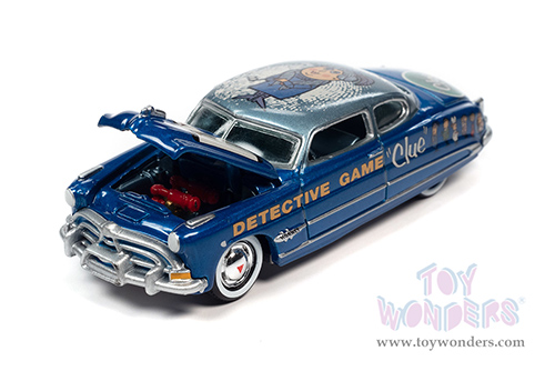 Round 2 Johnny Lightning - Pop Culture Series | Clue Hudson Hornet with Mrs. Peacock Poker Chip (Collector Token) (1951, 1/64 scale diecast model car, Blue) JLSP270/24