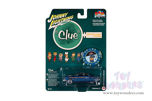 Round 2 Johnny Lightning - Pop Culture Series | Clue Hudson Hornet with Mrs. Peacock Poker Chip (Collector Token) (1951, 1/64 scale diecast model car, Blue) JLSP270/24