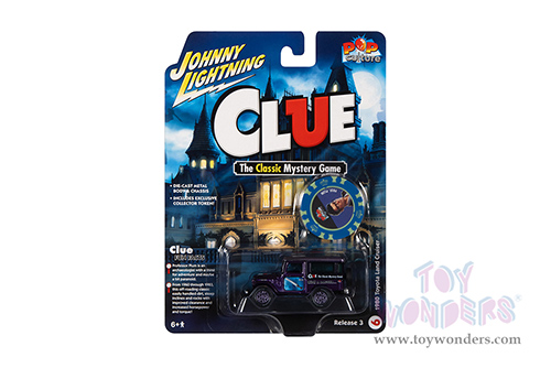 Round 2 Johnny Lightning - Pop Culture Series | Modern Clue Toyota Land Cruiser "Professor Plum" with Poker Chip (Collector Token) (1980, 1/64 scale diecast model car, Purple) JLSP274/24