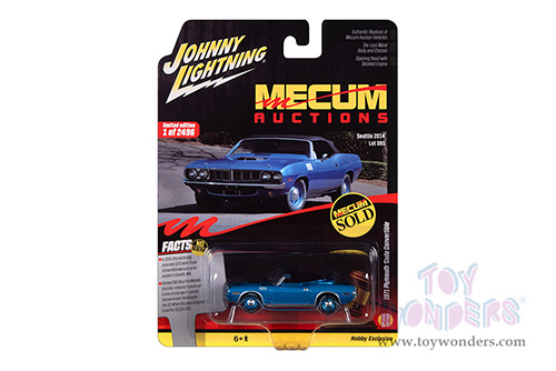 Round 2 Johnny Lightning - Plymouth Barracuda Convertible "Mecum Auctions" (1971, 1/64 scale diecast model car, Blue Fire Metallic) JLSP375/24