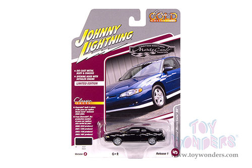 Round 2 Johnny Lightning - Classic Gold Collection | Chevy® Monte Carlo™ SS™ (2000, 1/64 scale diecast model car, Gloss Black w/Silver Checkered Flag Side Stripe) JLSP391/24B MAP: $9.49
