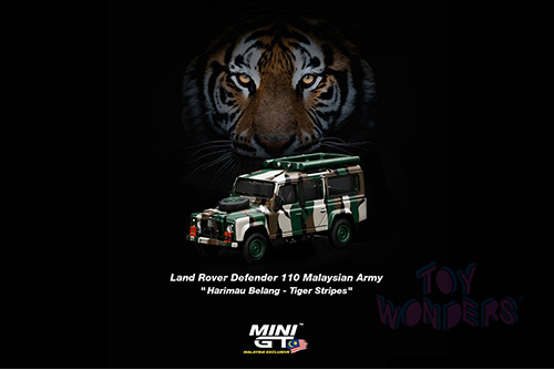 Mini GT - Malaysia Exclusive | Land Rover Defender 110 Malaysian Army "Harimau Belang" (1/64 scale diecast model car, Green Camouflage) MGT00321/48