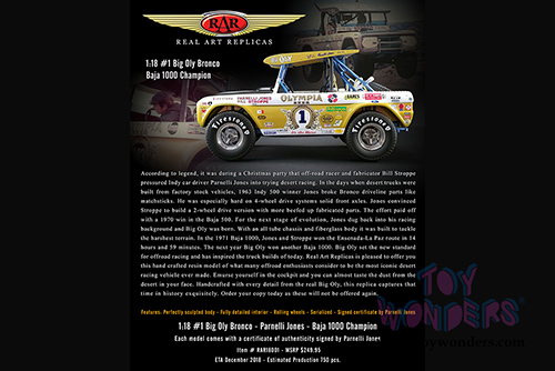 Real Art Replicas - Ford Big Oly Bronco #1 Parnelli Jones Baja 1000 Champion (1/18 scale diecast model car, Yelllow/White) RAR18001
