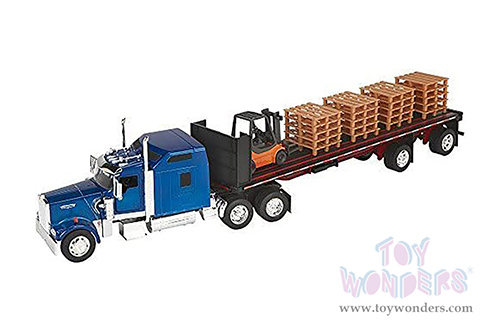 New Ray - Long Haul Trucker | Kenworth&reg; W900 Flatbed with Forklift and Pallets (1/32, scale diecast model car, Black/Blue Cab) SS-10263A