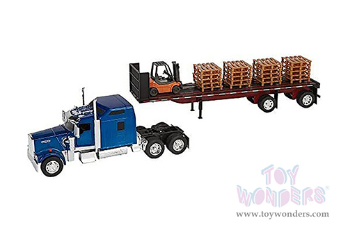New Ray - Long Haul Trucker | Kenworth&reg; W900 Flatbed with Forklift and Pallets (1/32, scale diecast model car, Black/Blue Cab) SS-10263A