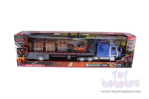 New Ray - Long Haul Trucker | Kenworth&reg; W900 Flatbed with Forklift and Pallets (1/32, scale diecast model car, Black/Blue Cab) SS-10263A