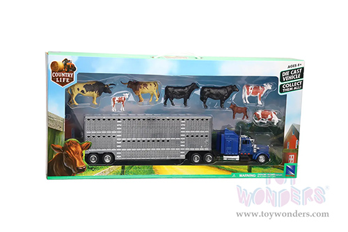 New Ray - Kenworth® W900 Livestock Truck Cab with Farm Animals Set (1/43, diecast model car, Blue/Metal) SS-15365D