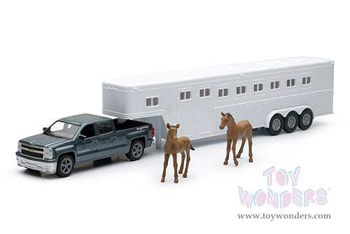 New Ray - Long Haul Trucker | Chevrolet® Silverado 1500 Crew Cab Pickup Truck with Horse Trailer Set (1/43, scale diecast model car, Dark Gray Pickup/White Trailer) SS-19513