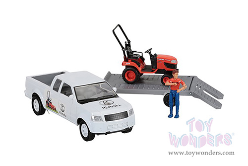 New Ray - Kubota Pick Up with Trailer & Lawn Mower Set (1/18, durable molded construction, Asstd.) SS-33263A