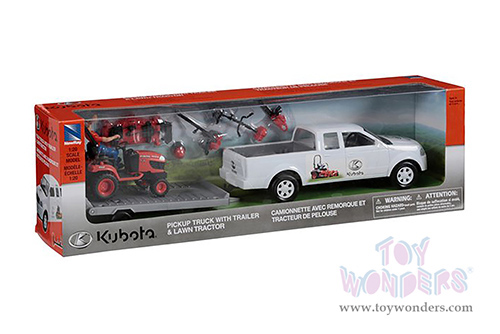 New Ray - Kubota Pick Up with Trailer & Lawn Mower Set (1/18, durable molded construction, Asstd.) SS-33263A