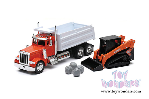 New Ray - Peterbilt 379 Dump Truck with SVL95-2s Compact Kubota Track Loader and rocks (1/32, scale diecast model car, Orange) SS-33383
