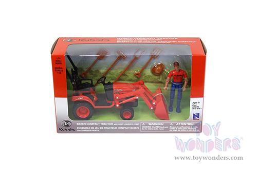 New Ray - Kubota BX2670 Compact Tractor with Front Loader, Plastic Lawn Tools and Figure (1/18 scale diecast model car, Orange) SS-33433