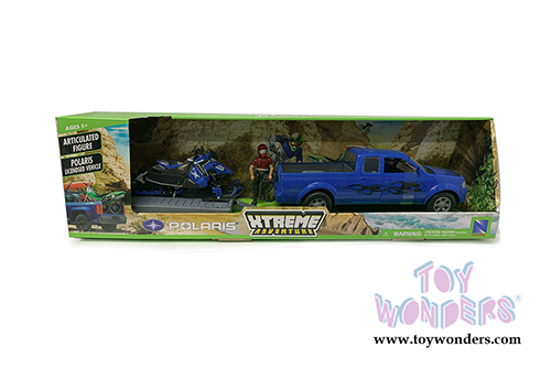 New Ray - Pick Up Truck with Trailer and Polaris Switchback Snowmobile with Articulated Figure Set (1/18 scale diecast model car, Blue) SS-37406A